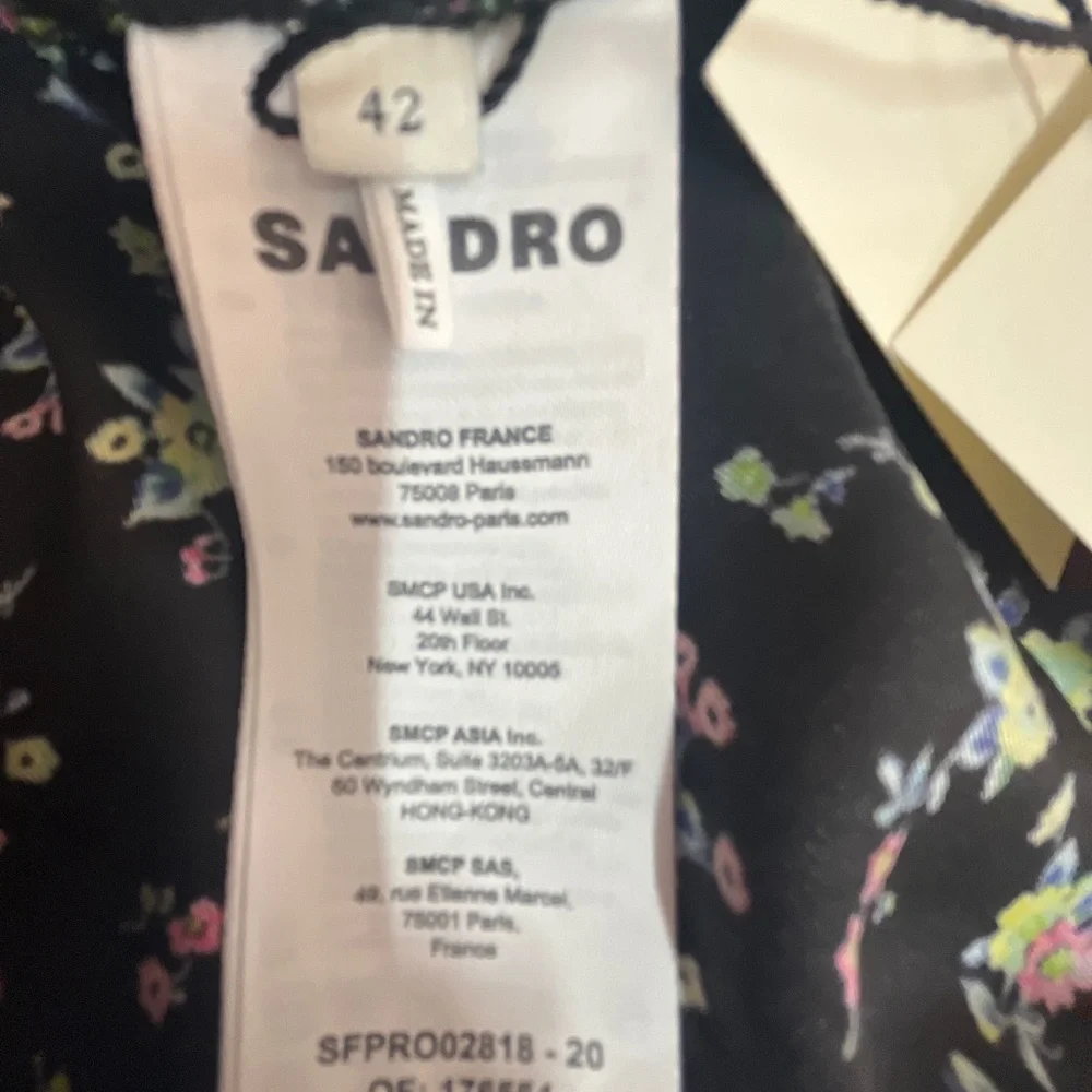 Sandro NWT Paola Dress, Black with Floral Pattern and Ruching Size 10 - Picture 13 of 16